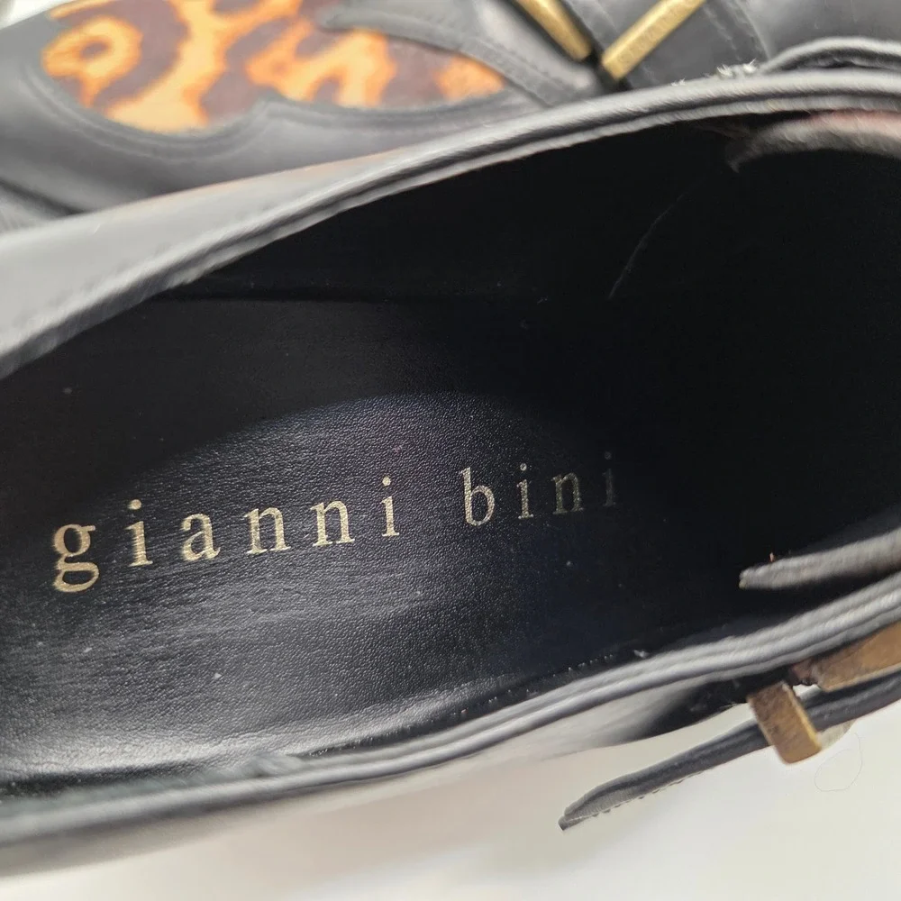 Gianni Bini Leopard‎ Calf Hair Platform Creepers Black Leather Buckle Shoes 9M